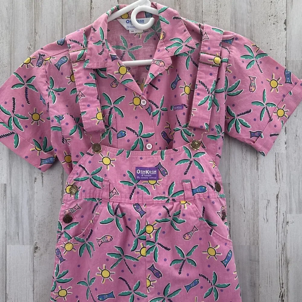 Rare 80’s Vintage Oshkosh B Gosh Pink Tropical Overalls Set Sz 12/14 Tapered Leg